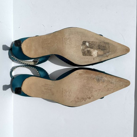 Manolo Blahnik Teal Satin Carolyne Jewel Pump Heel 100th Anniversary - Picture 7 of 8